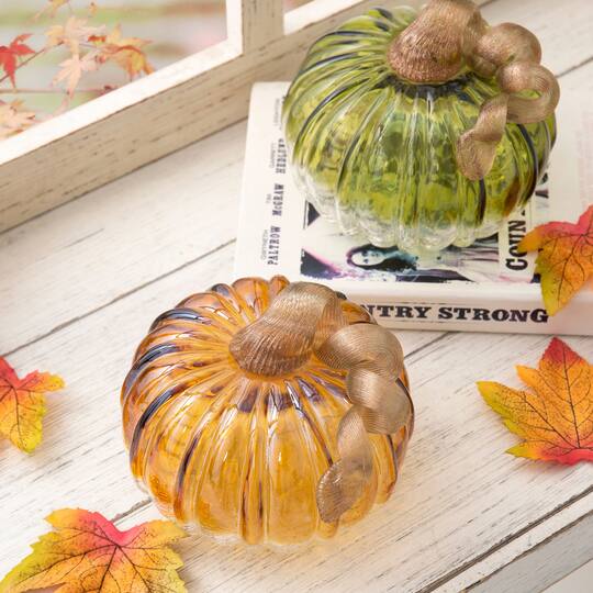 Glitzhome® Green & Amber Crackle Glass Short Pumpkin Set